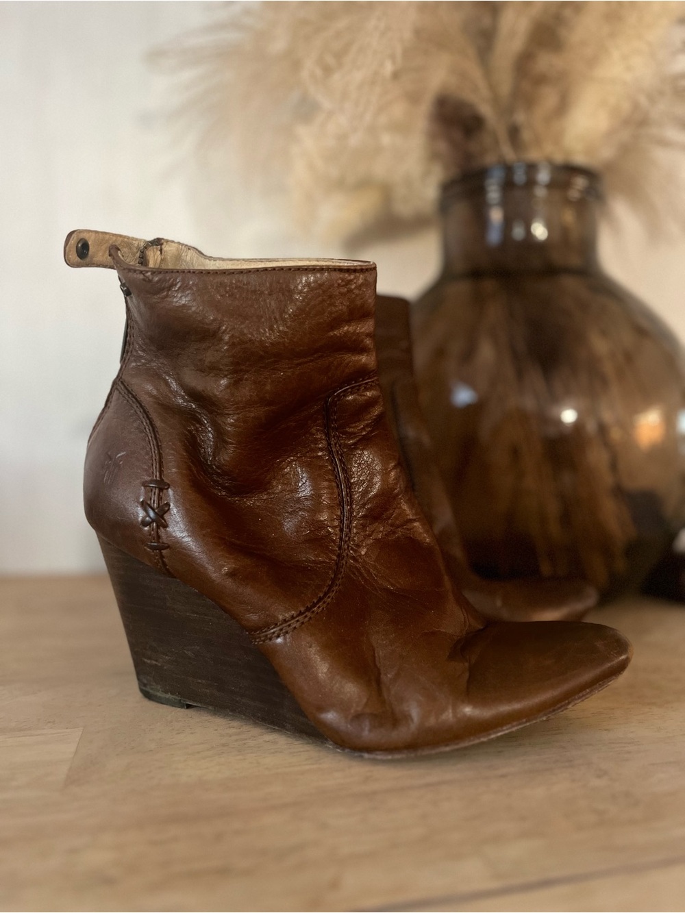 Frye Brown Leather Wedge Ankle Boots Western Boho Size 7.5